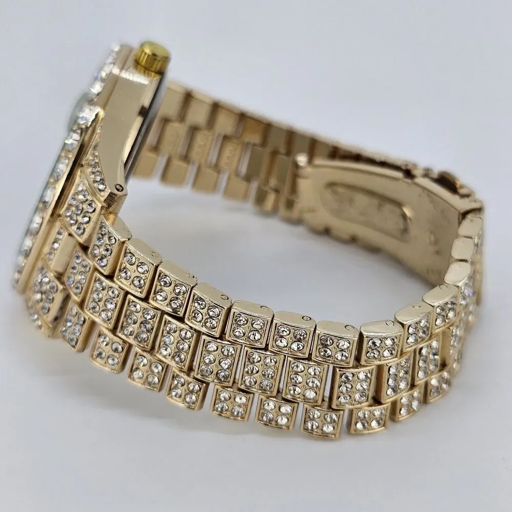 Unisex Watch 42MM Crystal Bling Gold Case Gold Band Date 7.5